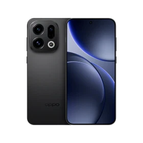 Oppo Find X9 siyah akıllı telefonun ön ve arka yüzü, geniş ekran ve üçlü kamera modülüyle görünüyor