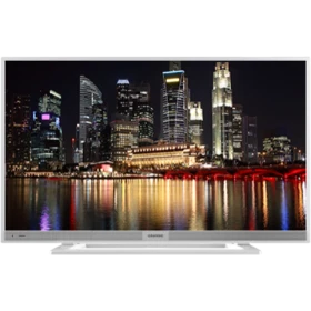 Grundig 22 VLE 4537 WG Full HD LED televizyon, gümüş çerçeveli ve gece şehir manzarası gösteren ekran