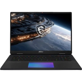 MSI Titan 18 HX A2WJ-1058TR siyah oyuncu laptop; uzay temalı ekran ve arkadan aydınlatmalı klavye görünüyor.