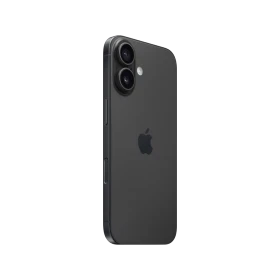 Siyah Apple iPhone 16 akıllı telefonun arka yüzü, çift kamera ve Apple logosu yakın plan görünüm