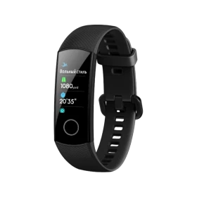 Honor Band 5 siyah akıllı bileklik, kavisli ekranı ve ayarlanabilir silikon kayışıyla önden görünüm