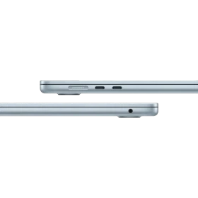 Apple MacBook Air M4 15.3 inç açık mavi laptop, ince yan profil ve bağlantı noktalarıyla yandan görünüm
