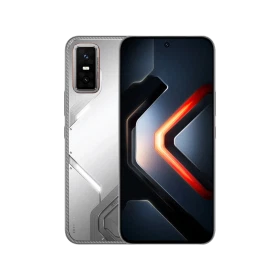 Infinix GT 30 Pro gri akıllı telefonun ön ve arka görünümü, geniş ekran ve çift kamera modülüyle