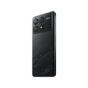 Siyah Poco F6 Pro akıllı telefonun arka yüzeyi ve büyük çoklu kamera modülü açılı görünümde