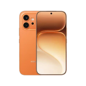 Turuncu Honor 600 akıllı telefon, ön ekran ve çift arka kameralı şık tasarımıyla önden ve arkadan görünüm