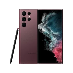 Bordo Samsung Galaxy S22 Ultra akıllı telefon, arka kamera modülü ve ekran görünümüyle vitrin çekimi