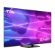 TCL 75C745 Ultra HD 4K LED televizyon siyah ekranda Google TV arayüzü ve mor ışık animasyonu ile açık.