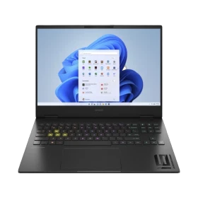 HP OMEN Transcend 16-u0006nt 7Z967EA siyah oyuncu laptop, Windows arayüzlü açık ekran ve RGB klavye görünümü