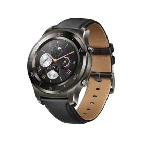 Huawei Watch 2 Classic akıllı saat, gri kasası ve kahverengi-siyah deri kayışıyla önden görünür.