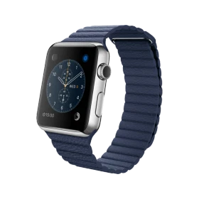 Apple Watch 42 mm gümüş paslanmaz çelik kasa ve gece mavisi deri Loop akıllı saat