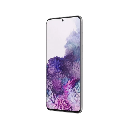Samsung Galaxy S20 gri akıllı telefon, önden görünüm, tam ekran ve delikli ön kamera tasarımı