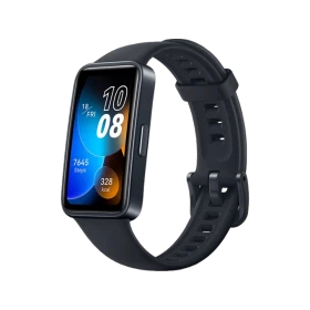 Huawei Band 8 siyah akıllı bileklik, renkli ekranı ve ayarlanabilir silikon kordonuyla önden görünüm