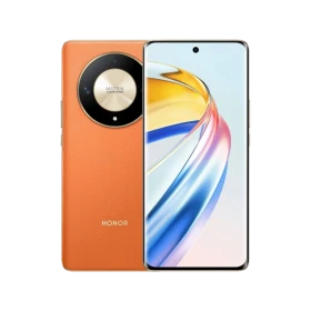Honor X9b turuncu akıllı telefon, ön ekran ve dairesel kamera modüllü arka yüz tasarımıyla görünüyor