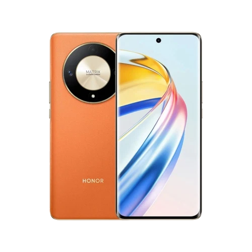 Honor X9b turuncu akıllı telefon, ön ekran ve dairesel kamera modüllü arka yüz tasarımıyla görünüyor