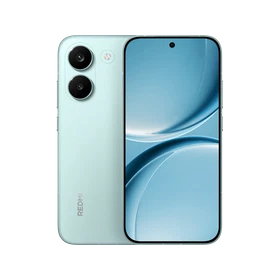 Mavi Redmi Turbo 5 akıllı telefonun ön ekranı ve çift arka kameralı arka yüzü, ana vitrin görünümü