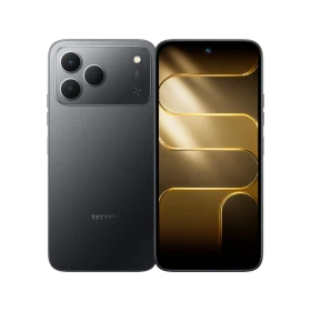 Tecno Spark 50 gri akıllı telefonun ön ve arka görünümü, çift kamera tasarımıyla vitrin görseli