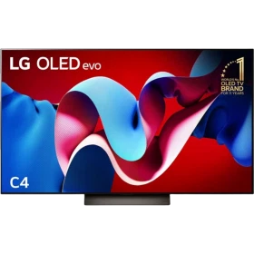 LG OLED55C46LA Ultra HD 4K OLED televizyon; kırmızı arka planlı canlı ekran tasarımı, vitrinde sergileniyor.
