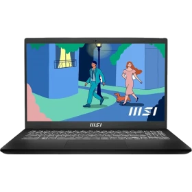 MSI Modern 15 B12MO-624XTR siyah iş ve ofis laptopu, önden açık ekranla tanıtım görünümü