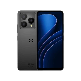 Omix O1 Icon siyah akıllı telefonun ön ve arka görünümü, üçlü kamera modülü ve ekran tasarımıyla
