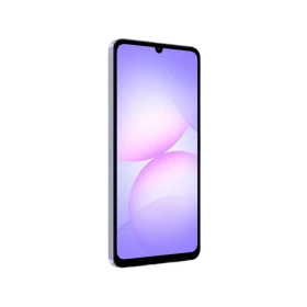 Mor Samsung Galaxy A07 akıllı telefonun önden görünümü, geniş ekran ve damla çentik tasarımı