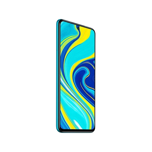 Yeşil Xiaomi Redmi Note 9s akıllı telefon, önden ekran görünümü ve ince çerçeveli tasarım