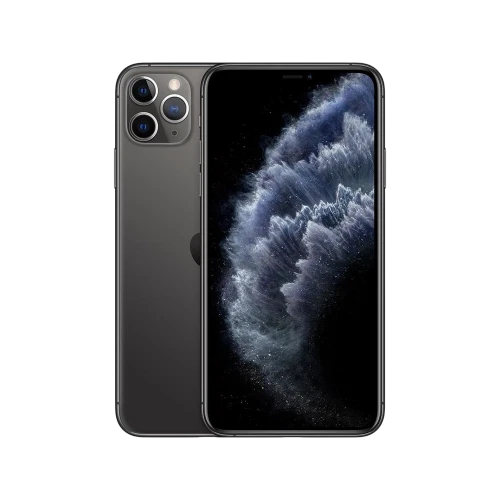 Siyah Apple iPhone 11 Pro Max akıllı telefon, önden ekran ve arkadan üçlü kamera tasarımıyla görünüm