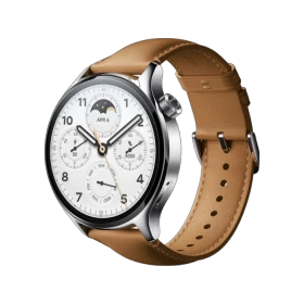 Xiaomi Watch S1 Pro gümüş akıllı saat, kahverengi deri kayış ve yuvarlak analog ekran tasarımıyla önden görünüm