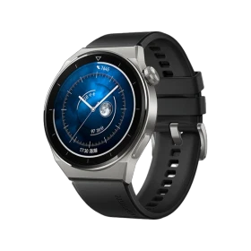 Huawei Watch GT 3 Pro Titanyum akıllı saat, mavi kadran ve siyah silikon kayışla önden görünür