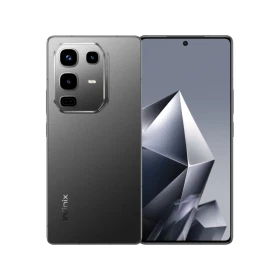 Siyah Infinix Note 50 Pro akıllı telefonun ön ve arka yüzü, geniş ekran ve çoklu kamera modülüyle vitrinde