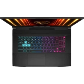 MSI Katana 17 HX B14WFK-216XTRAT105 siyah oyuncu laptop; RGB aydınlatmalı klavye ve açık ekran görünümü.