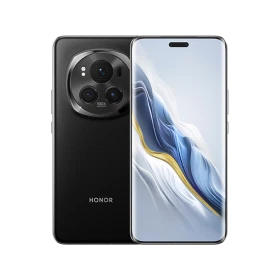 Honor Magic 6 Pro siyah akıllı telefon, ön ekran ve arka kamera modülü görünümüyle vitrin çekimi