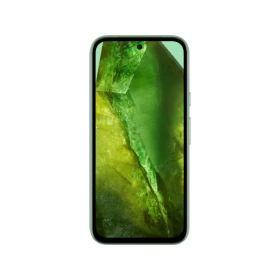 Google Pixel 8a yeşil akıllı telefon, ön yüzü ve yeşil ekran duvar kâğıdıyla dikey konumda fff.