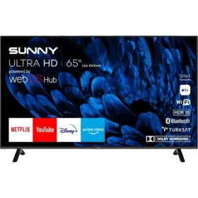Sunny SN65FMN252 Ultra HD 4K TV, siyah çerçeveli 65 inç akıllı televizyonun önden görünümü
