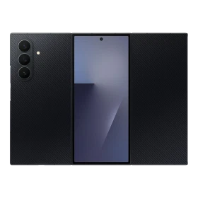 Siyah Samsung Galaxy Z TriFold katlanabilir akıllı telefon, üç panelli tasarım ve üçlü arka kamera görünümü