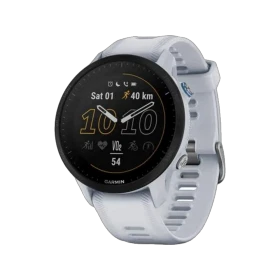 Garmin Forerunner 955 beyaz akıllı saat, siyah yuvarlak ekranı ve silikon kordonuyla önden görünür halde
