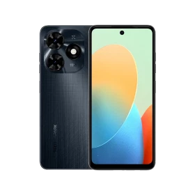 Tecno Spark 20 C siyah akıllı telefon, ön ekran ve arka kamera modülüyle vitrin görünümü