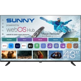 Sunny SN43FPRL Full HD FHD TV, siyah çerçeveli 43 inç akıllı televizyon ve webOS Hub ekranı