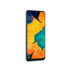 Samsung Galaxy A30 siyah akıllı telefon, ön yüz ekran görünümü ve damla çentikli tasarım