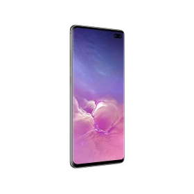 Siyah Samsung Galaxy S10 Plus akıllı telefon, önden görünüm, delikli ön kamera ve geniş ekran tasarımı