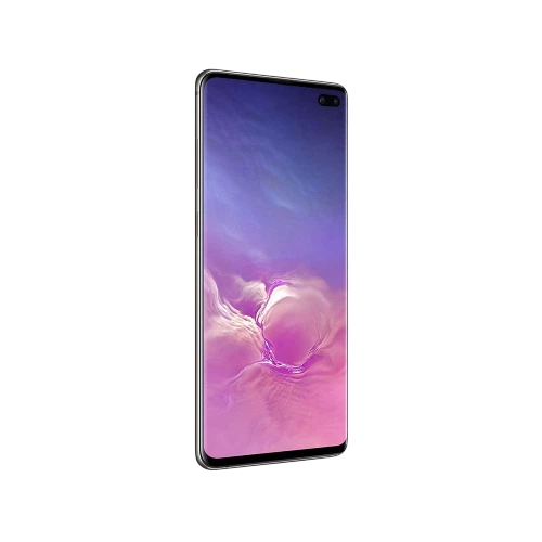Siyah Samsung Galaxy S10 Plus akıllı telefon, önden görünüm, delikli ön kamera ve geniş ekran tasarımı