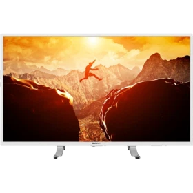 Sunny Aspendos 42 inç beyaz Full HD uydu alıcılı televizyon, ekranda dağ manzarası ve sporcu görüntüsü