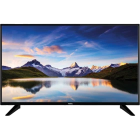 Vestel 49F9401 Full HD LED TV, siyah çerçeveli ekranında dağ ve göl manzarası kaplıանում