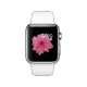 Apple Watch 38 mm paslanmaz çelik kasalı, beyaz spor kordonlu akıllı saat ve çiçekli ekranı