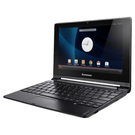 Lenovo Flex A10 16 GB siyah tablet, ön ekranında uygulamalar ve klavye görünümlü tasarım