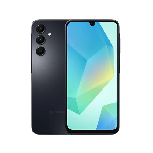 Samsung Galaxy A16 siyah akıllı telefon, ön ekran ve üçlü arka kamera tasarımıyla vitrin görünümü