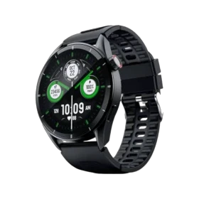 Tecno Watch Pro 3 gri akıllı saat, yuvarlak ekranı ve siyah silikon kordonuyla önden çapraz görünüm