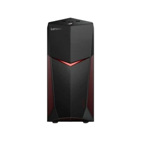 Lenovo Y520T-25IKL ES masaüstü bilgisayar, siyah kasası ve kırmızı detaylarıyla önden görünüm