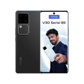 Siyah Vivo V30 akıllı telefonun ön ve arka yüzü, ekranında V30 Serisi tanıtımıyla birlikte gösteriliyor