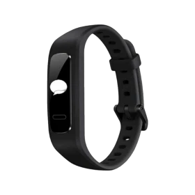 Huawei Band 3e siyah akıllı bileklik, kavisli gövde ve ayarlanabilir silikon kayışıyla önden görünüm