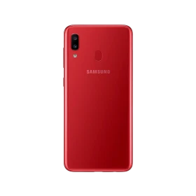 Kırmızı Samsung Galaxy A20 akıllı telefonun arka yüzü, çift kamera ve parmak izi okuyucu detaylı